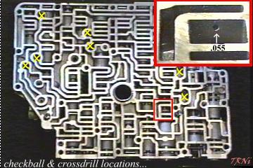 86-90 AXOD checkball and all-time lube crossdrill locations.